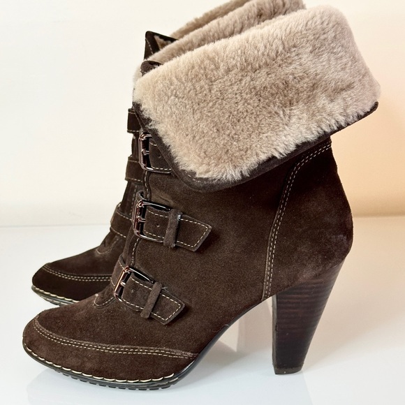 Sofft Sagan Suede Buckle Shearling Heeled Boots 8 - Picture 6 of 10